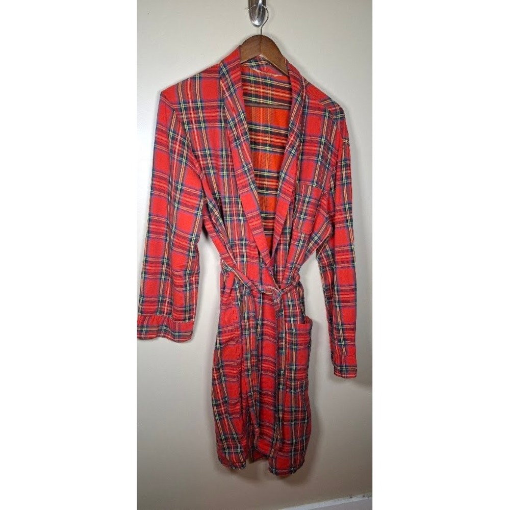 Vintage Matt Andrews Mens Red Plaid Tartan Bathrobe Shawl Collar Belted Robe